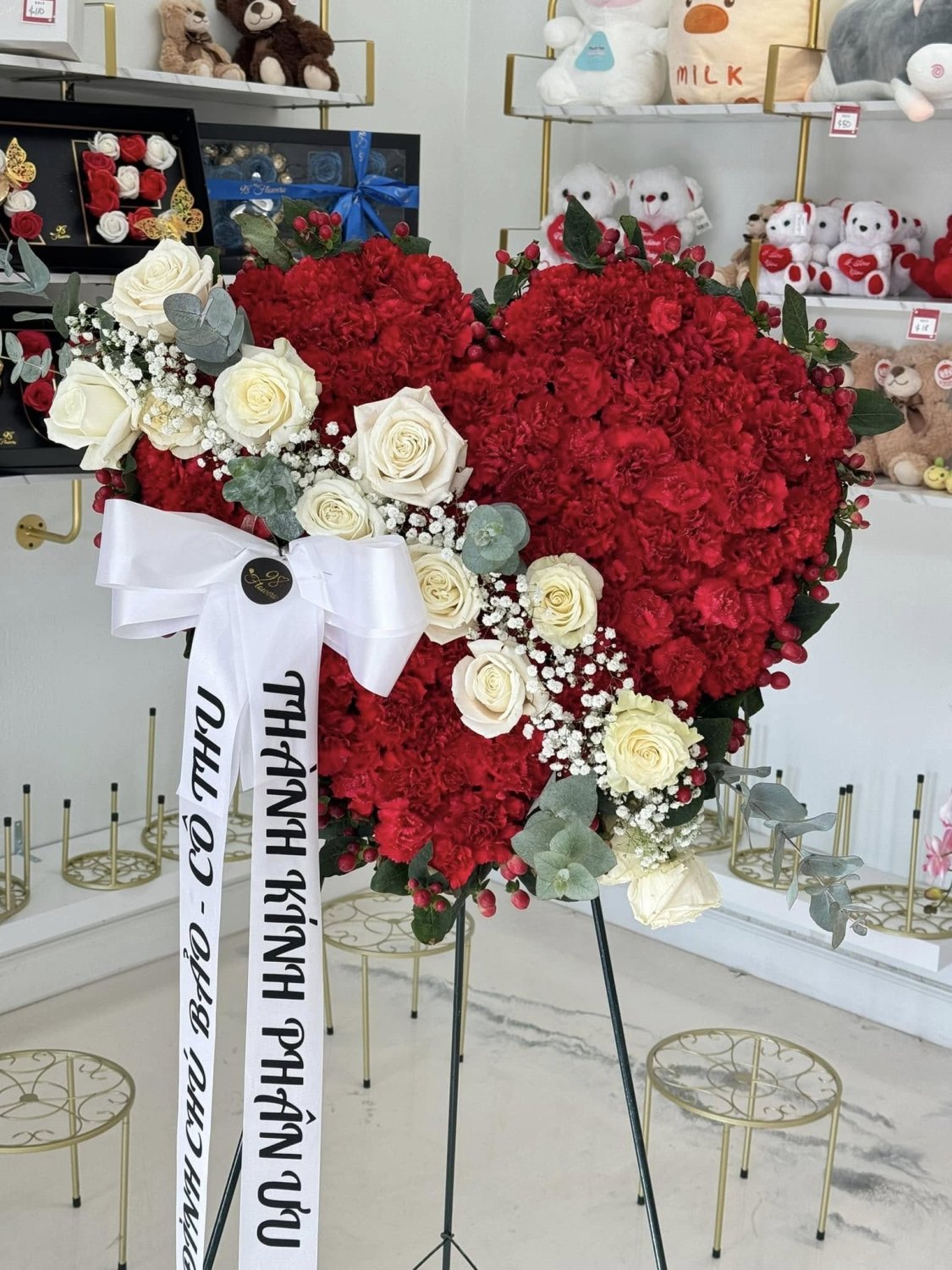 Luxury Red Heart Sympathy Wreath with White Roses - 98 FLOWERS