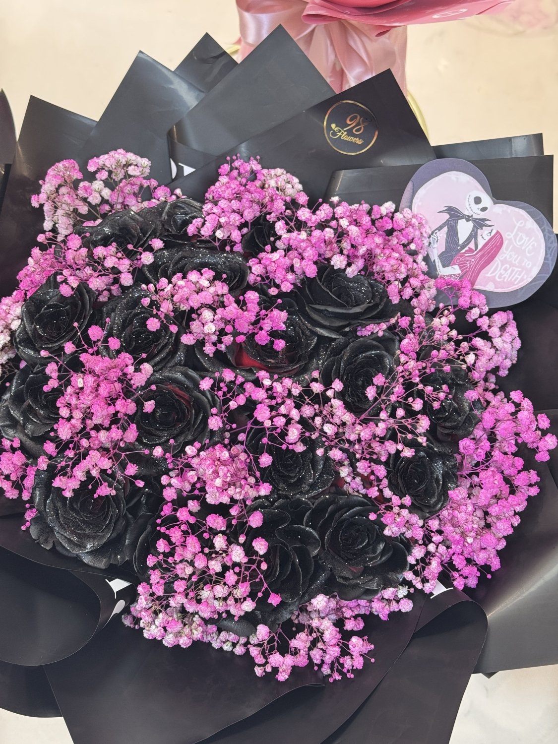 Midnight Boo – Black Roses & Pink Baby’s Breath Halloween Bouquet - 98 FLOWERS