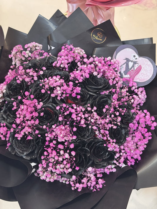 Midnight Boo – Black Roses & Pink Baby’s Breath Halloween Bouquet - 98 FLOWERS