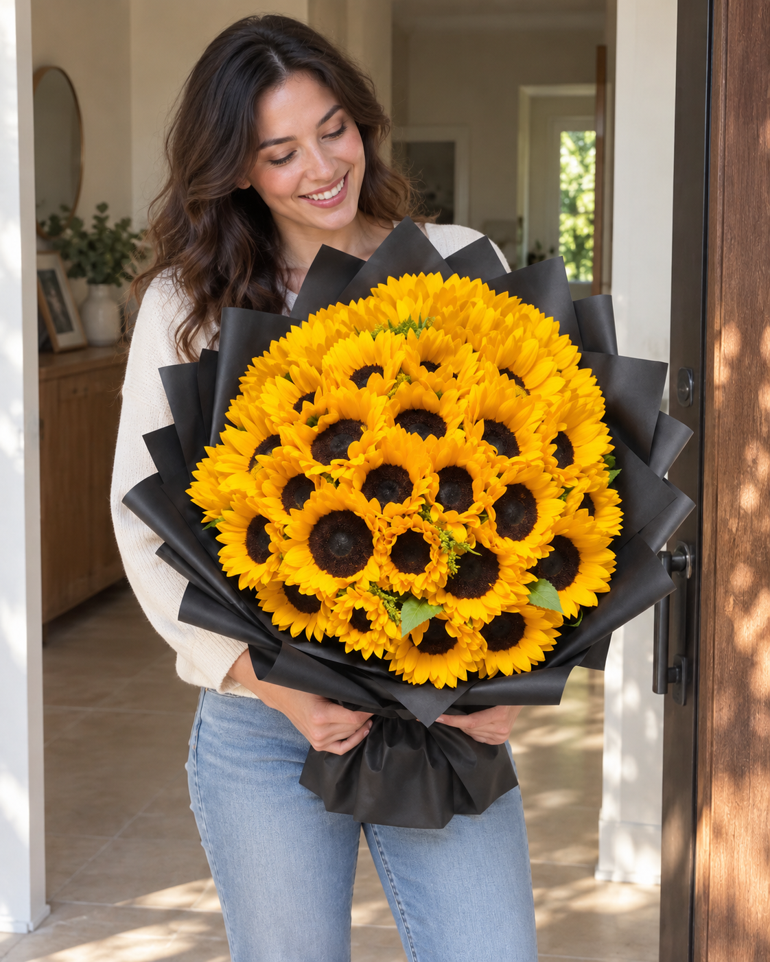Midnight Sunshine – Sunflower Bouquet — AI lifestyle image showing natural holding scale