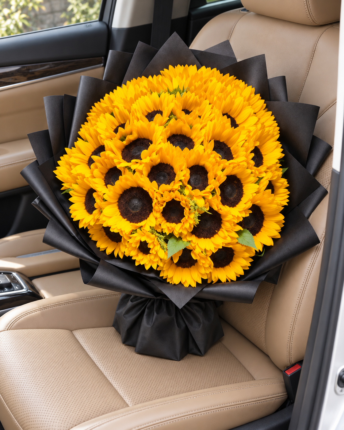 Midnight Sunshine – Sunflower Bouquet — AI lifestyle image of a gift surprise