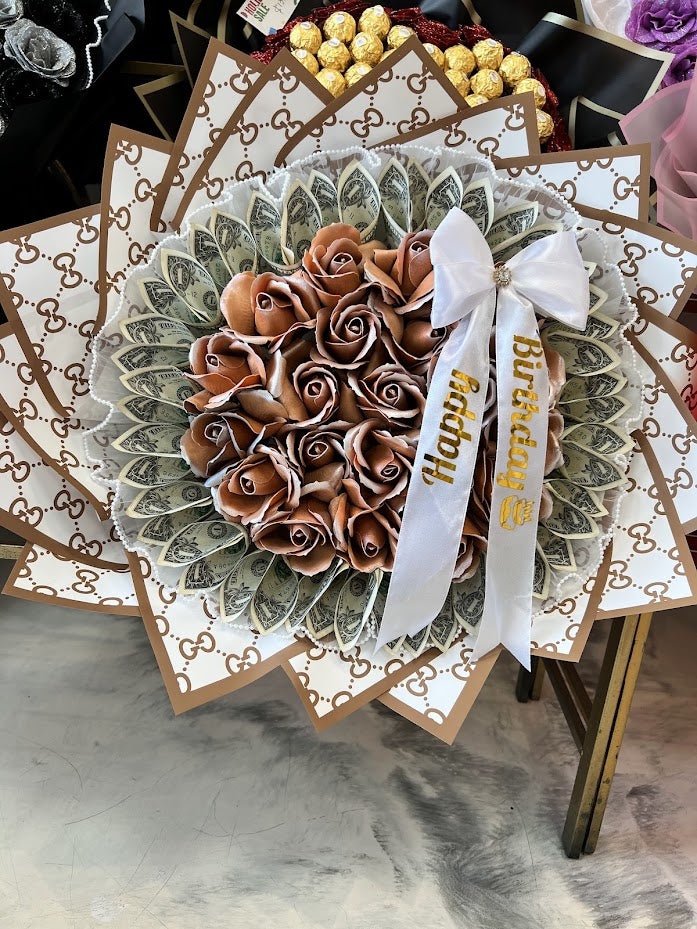 Mocha Birthday Cash Bouquet - 98 FLOWERS