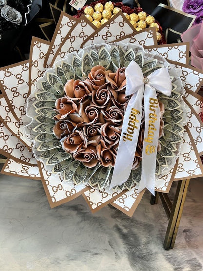 Mocha Birthday Cash Bouquet - 98 FLOWERS
