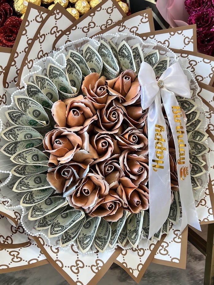Mocha Birthday Cash Bouquet - 98 FLOWERS