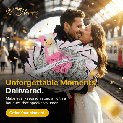 Money Flower Bouquet with Plush Cow - 98 FLOWERS