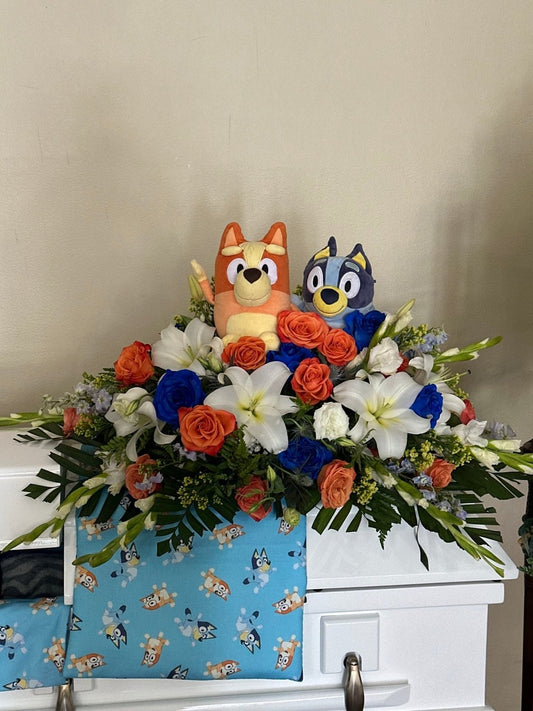 Orange & Blue Rose Lily Casket Flowers with Plush Characters - 98 FLOWERS