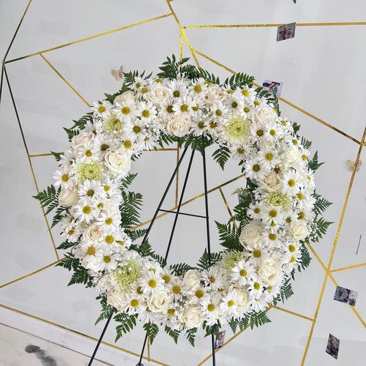 Peaceful Meadow White Wreath - 98 FLOWERS
