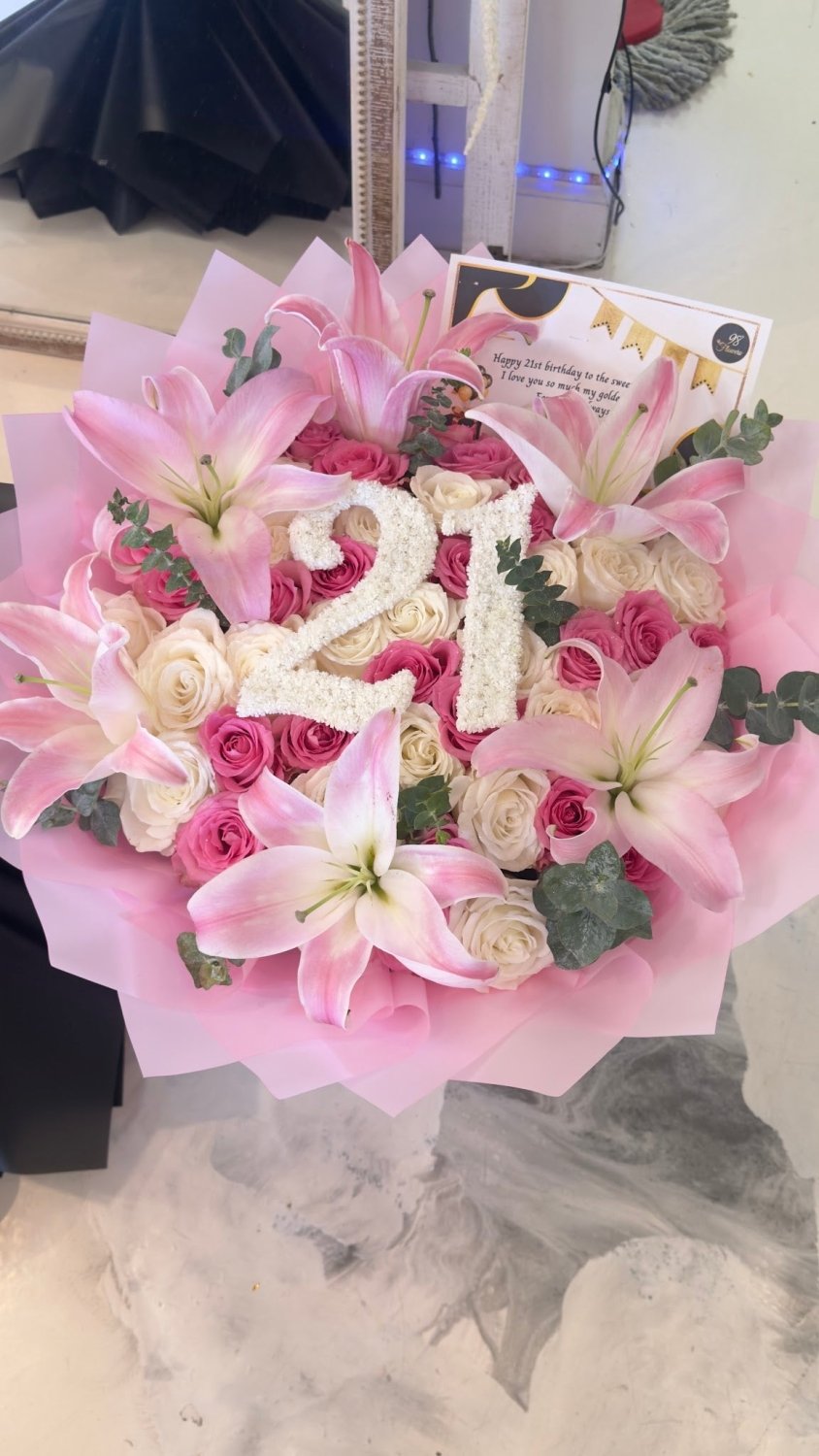 Personalized Number Pink Lily & Rose Bouquet - 98 FLOWERS