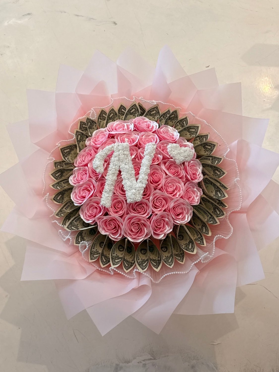 Personalized Pink Artificial Rose Initial Money Bouquet - 98 FLOWERS