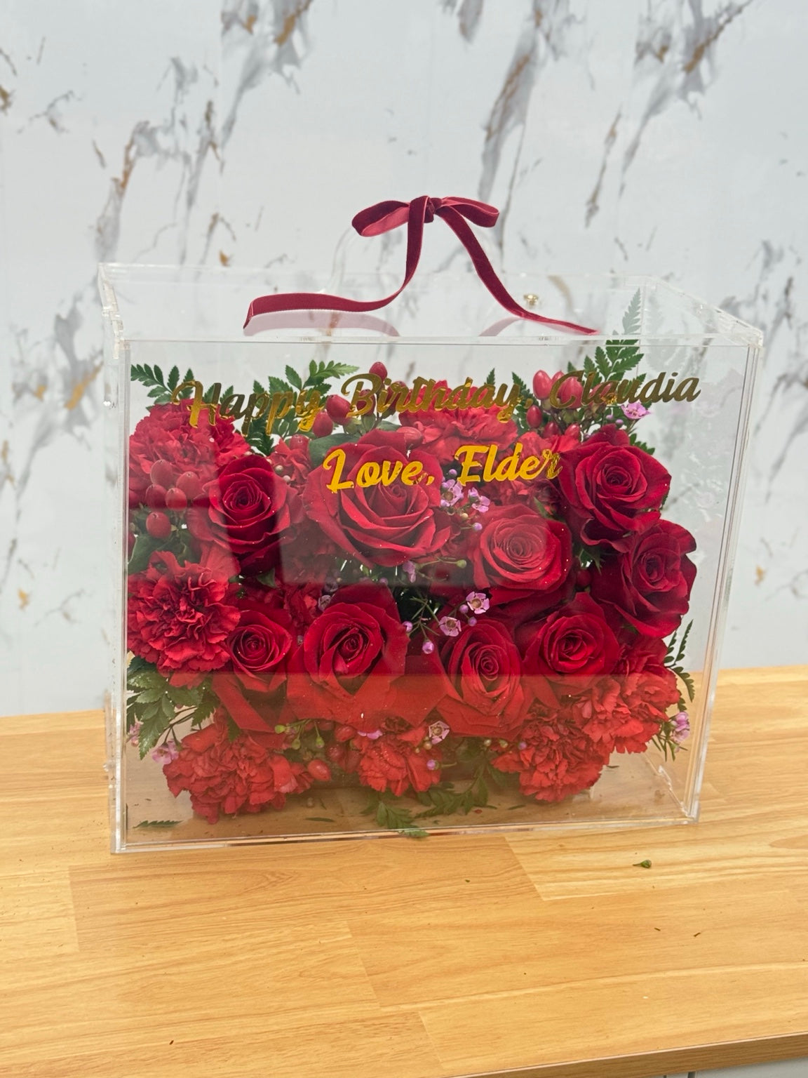 Personalized acrylic flower box with fresh red roses and birthday message