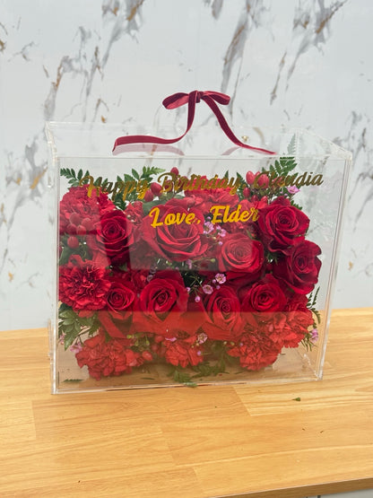 Personalized acrylic flower box with fresh red roses and birthday message