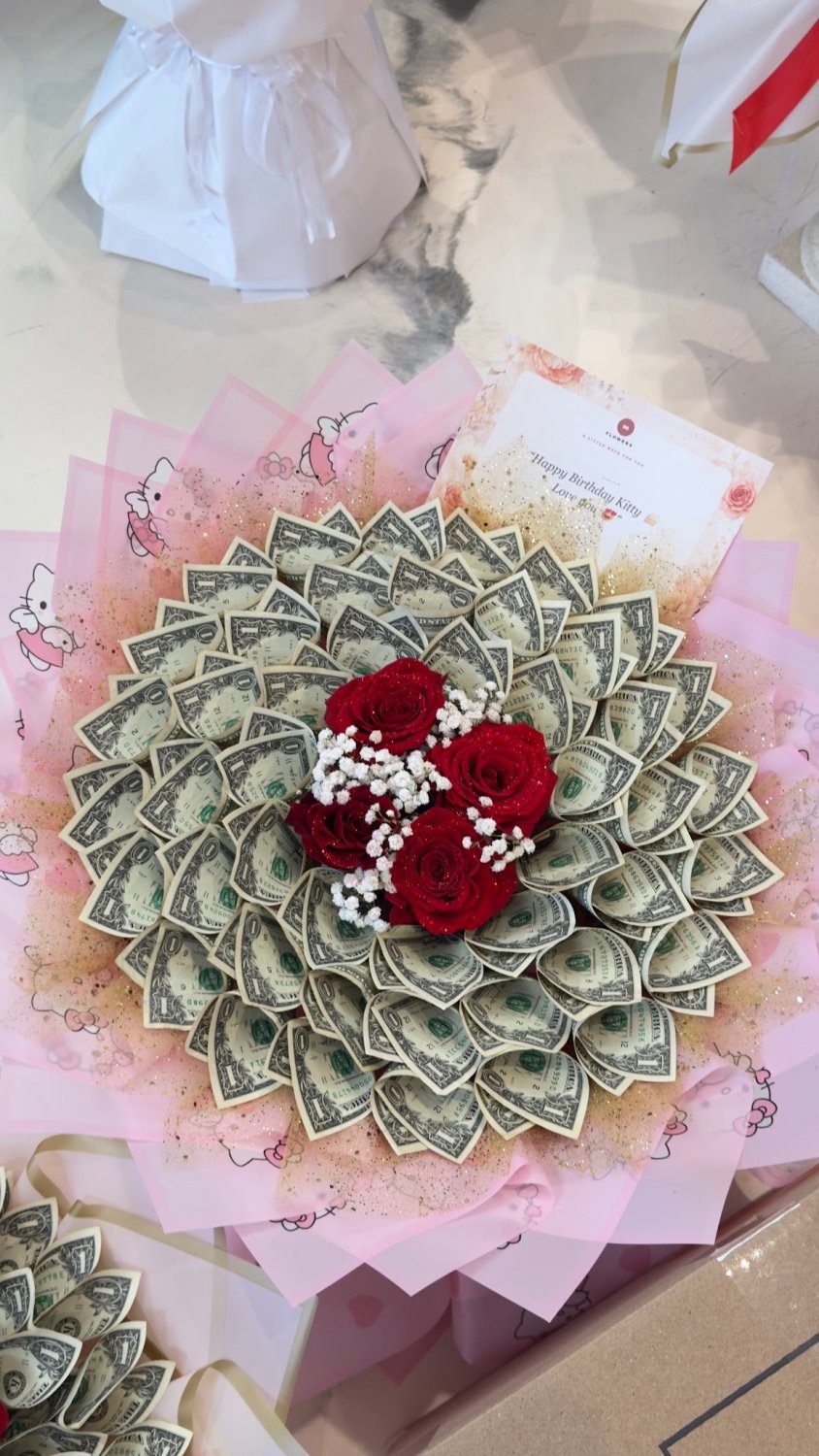 Petite Red Rose Money Bouquet in Pink Wrapping - 98 FLOWERS