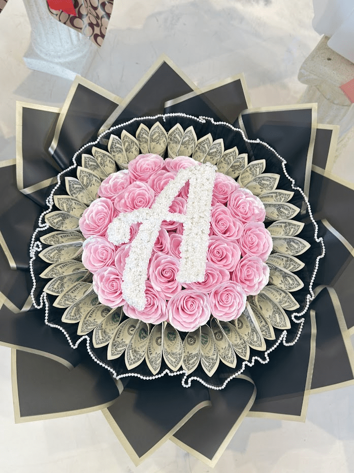 Pink Custom Initial Money Bouquet – $25 Cash Included - 98 FLOWERS