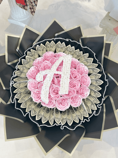 Pink Custom Initial Money Bouquet – $25 Cash Included - 98 FLOWERS
