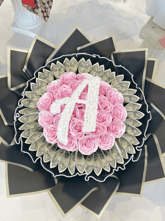 Pink Custom Initial Money Bouquet – $25 Cash Included - 98 FLOWERS