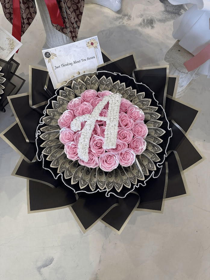 Pink Custom Initial Money Bouquet – $25 Cash Included - 98 FLOWERS