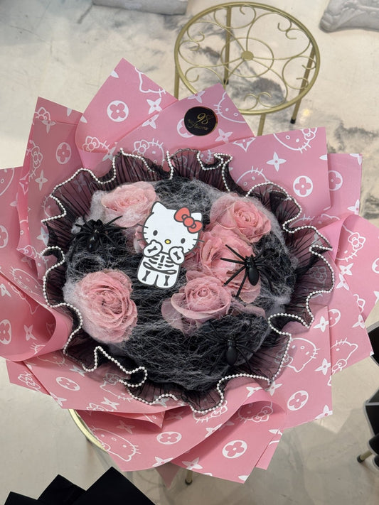 Pink Kitty Boo – Pink & Black Halloween Rose Bouquet - 98 FLOWERS