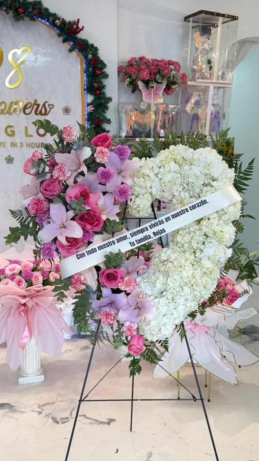 Pink Orchid & White Rose Heart Standing Wreath - 98 FLOWERS