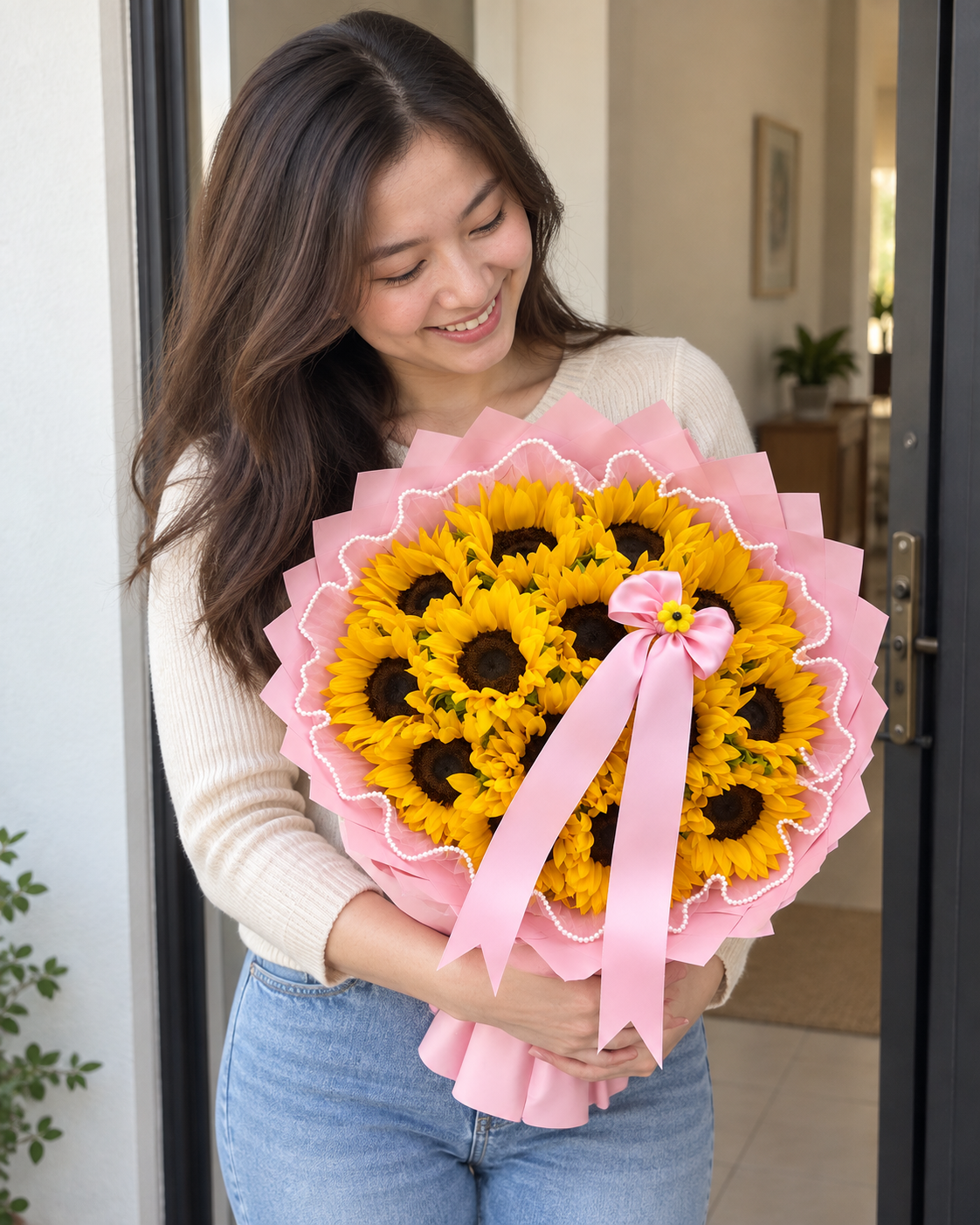 Pink Ribbon Sunshine – Sunflower Bouquet — AI lifestyle image showing natural holding scale