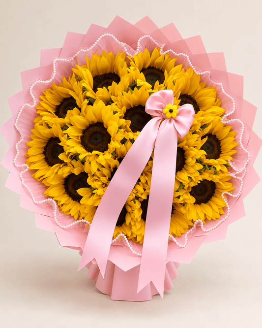 Pink Ribbon Sunshine – Sunflower Bouquet - 98 FLOWERS