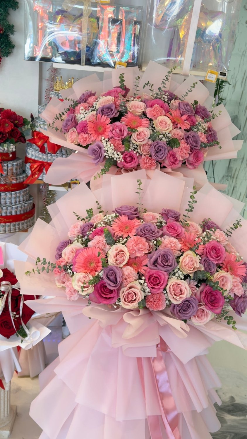Pink Rose & Gerbera Two Tier Grand Opening Stand - 98 FLOWERS