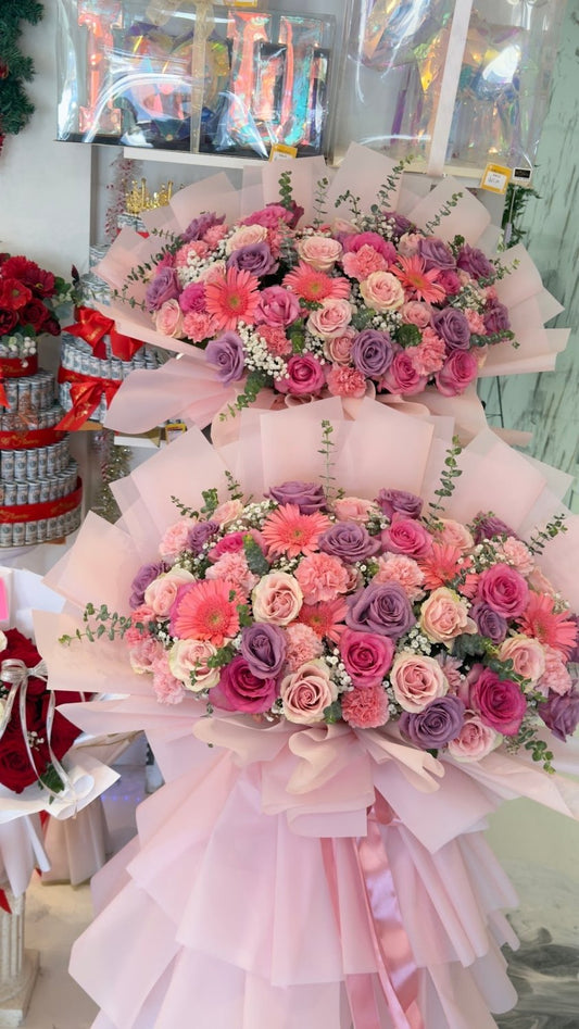 Pink Rose & Gerbera Two Tier Grand Opening Stand - 98 FLOWERS