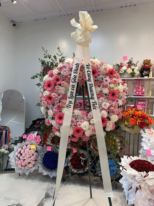 Pink Rose & Ivory Lily Memorial Standing Spray - 98 FLOWERS