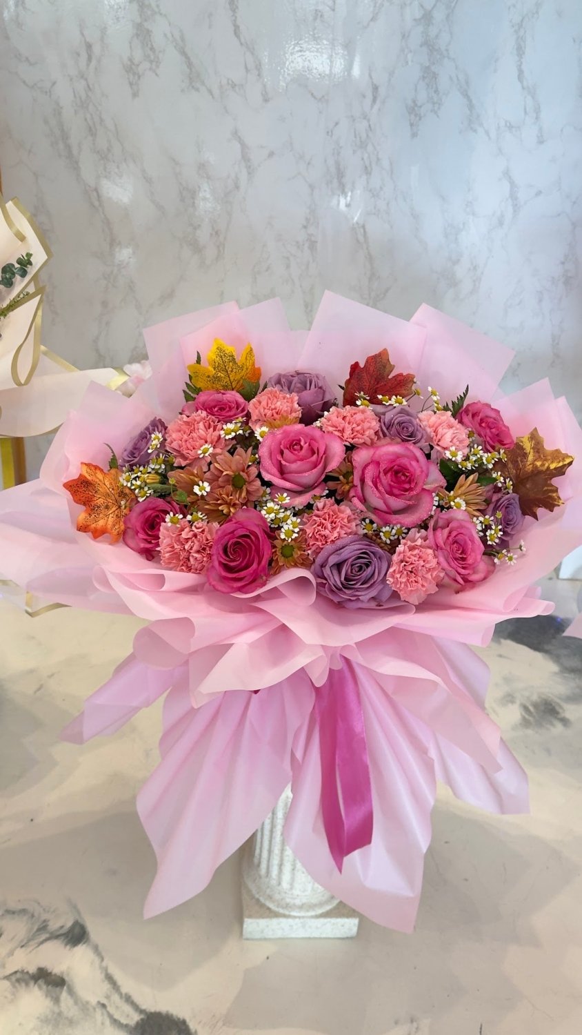 Pink Rose Purple Carnation & Sunflower Bouquet - 98 FLOWERS