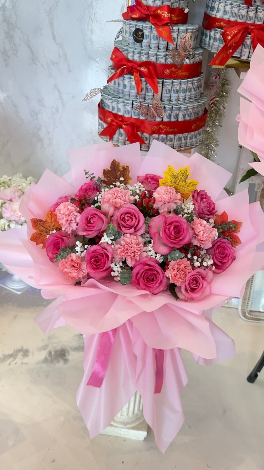 Pink Rose & Purple Hydrangea Garden Bouquet - 98 FLOWERS