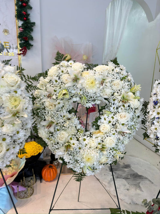 Pure White Heart Sympathy Wreath - 98 FLOWERS