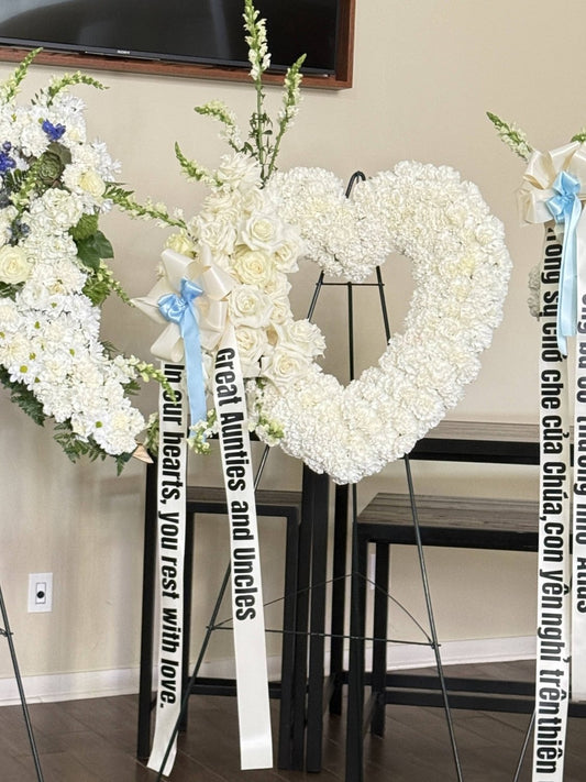 Pure White Open Heart Standing Wreath - 98 FLOWERS