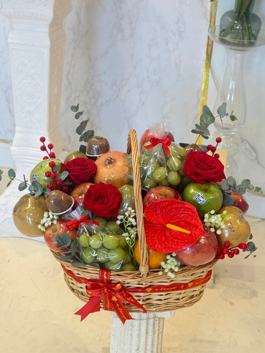 Red Anthurium Rose & Fruit Gift Basket - 98 FLOWERS