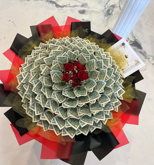 Red & black paper money flowers - 98 FLOWERS
