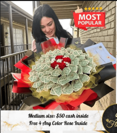 Red & black paper money flowers - 98 FLOWERS