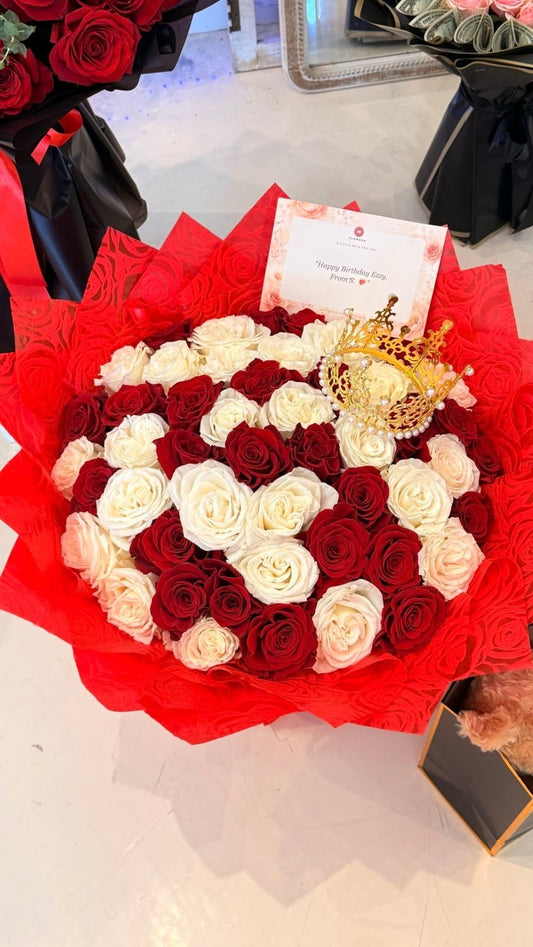 Red & Ivory Rose Bouquet with Gold Crown - 98 FLOWERS