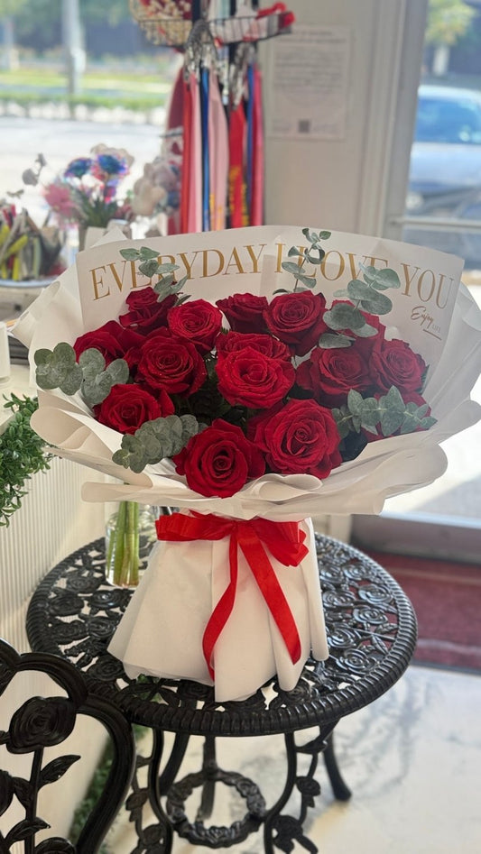 Red Rose Flower Box with Ivory Wrapping - 98 FLOWERS
