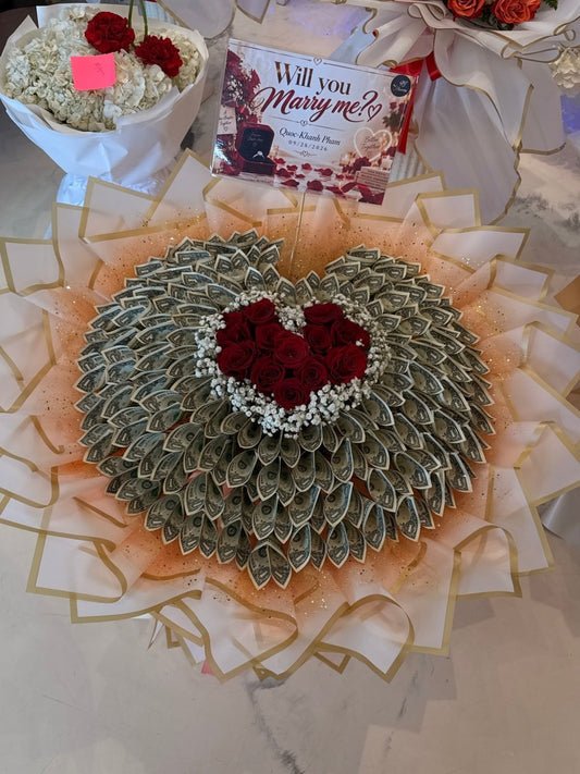 Red Rose Heart Money Bouquet in Peach Wrapping - 98 FLOWERS