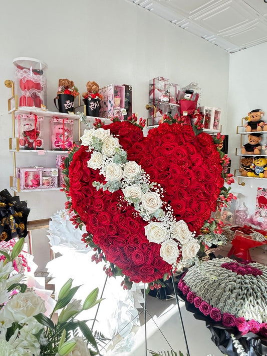 Red Rose Heart Standing Wreath with White Floral Stripe - 98 FLOWERS