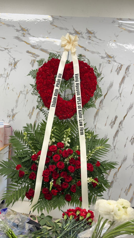 Red Rose Heart Two Tier Memorial Standing Arrangement - 98 FLOWERS