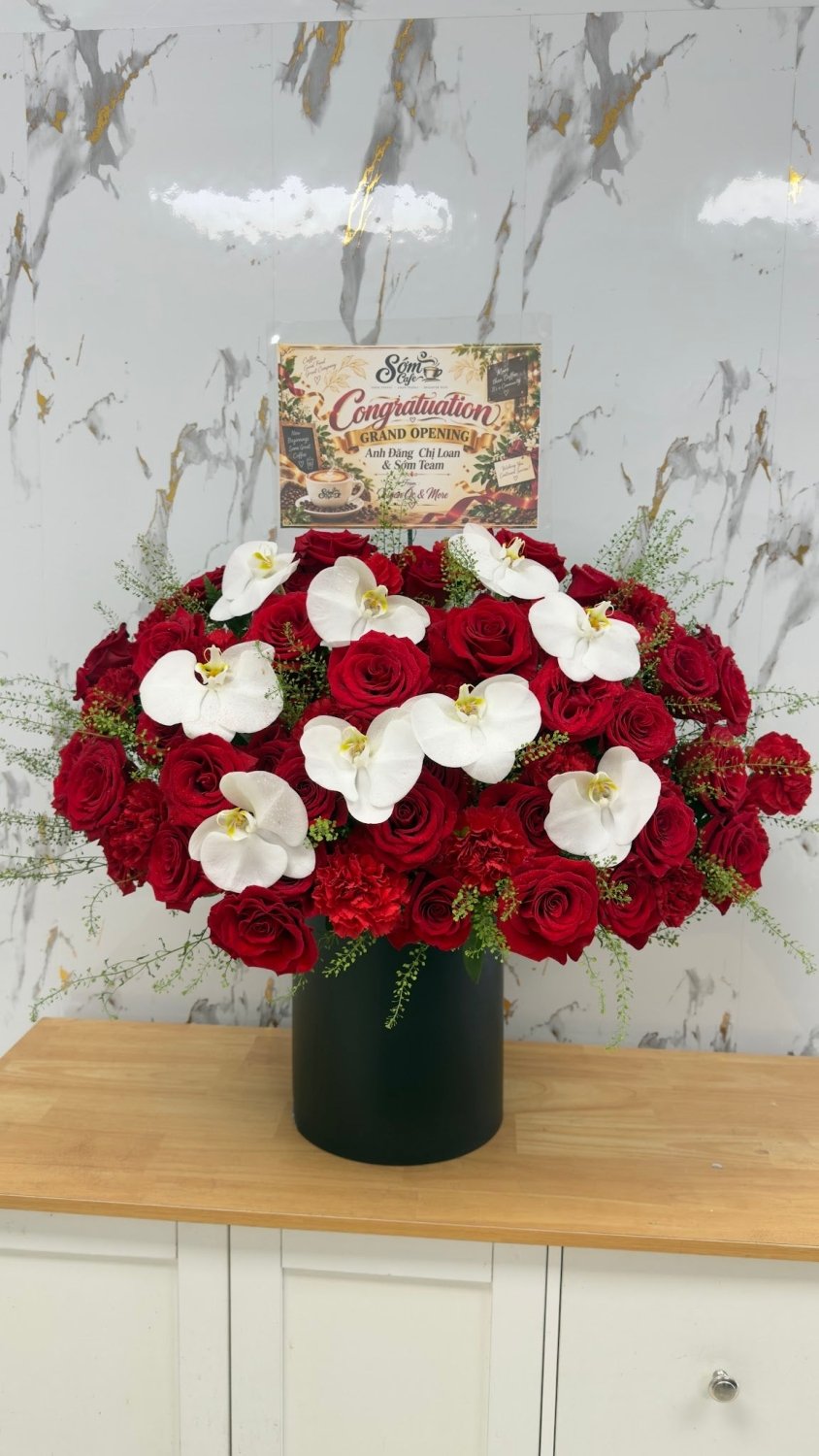 Red Rose & White Orchid Flower Box - 98 FLOWERS