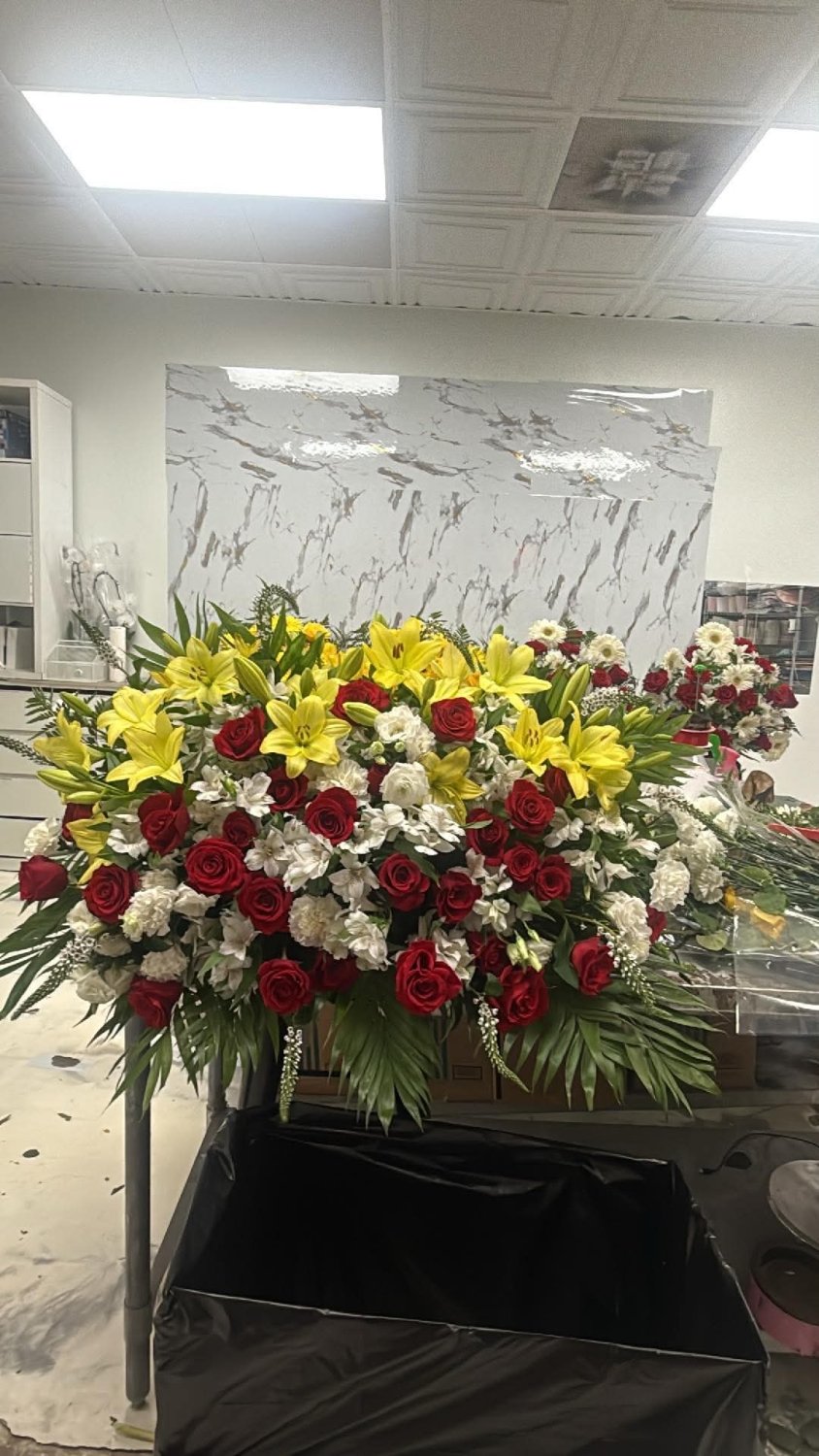 Red Rose & Yellow Lily Casket Spray - 98 FLOWERS