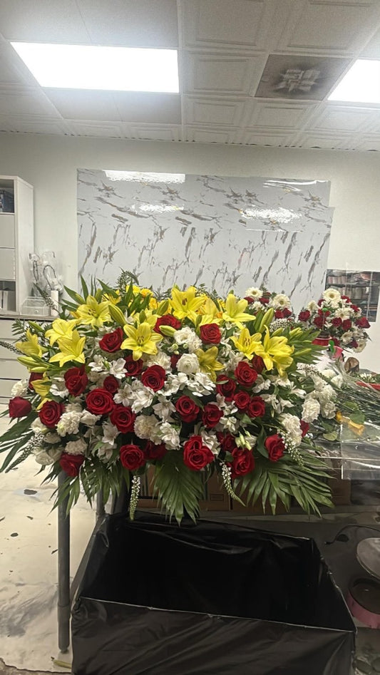 Red Rose & Yellow Lily Casket Spray - 98 FLOWERS