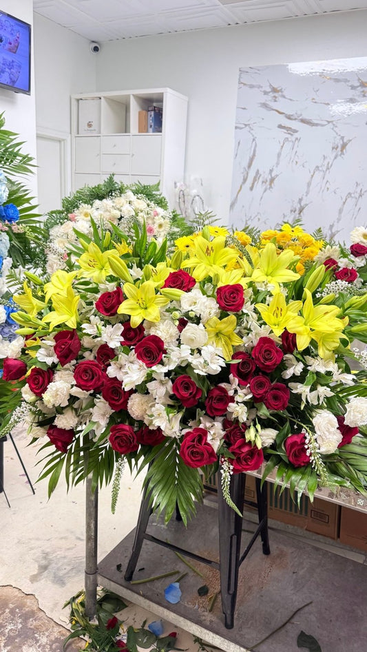 Red Rose & Yellow Lily Memorial Standing Arrangement - 98 FLOWERS