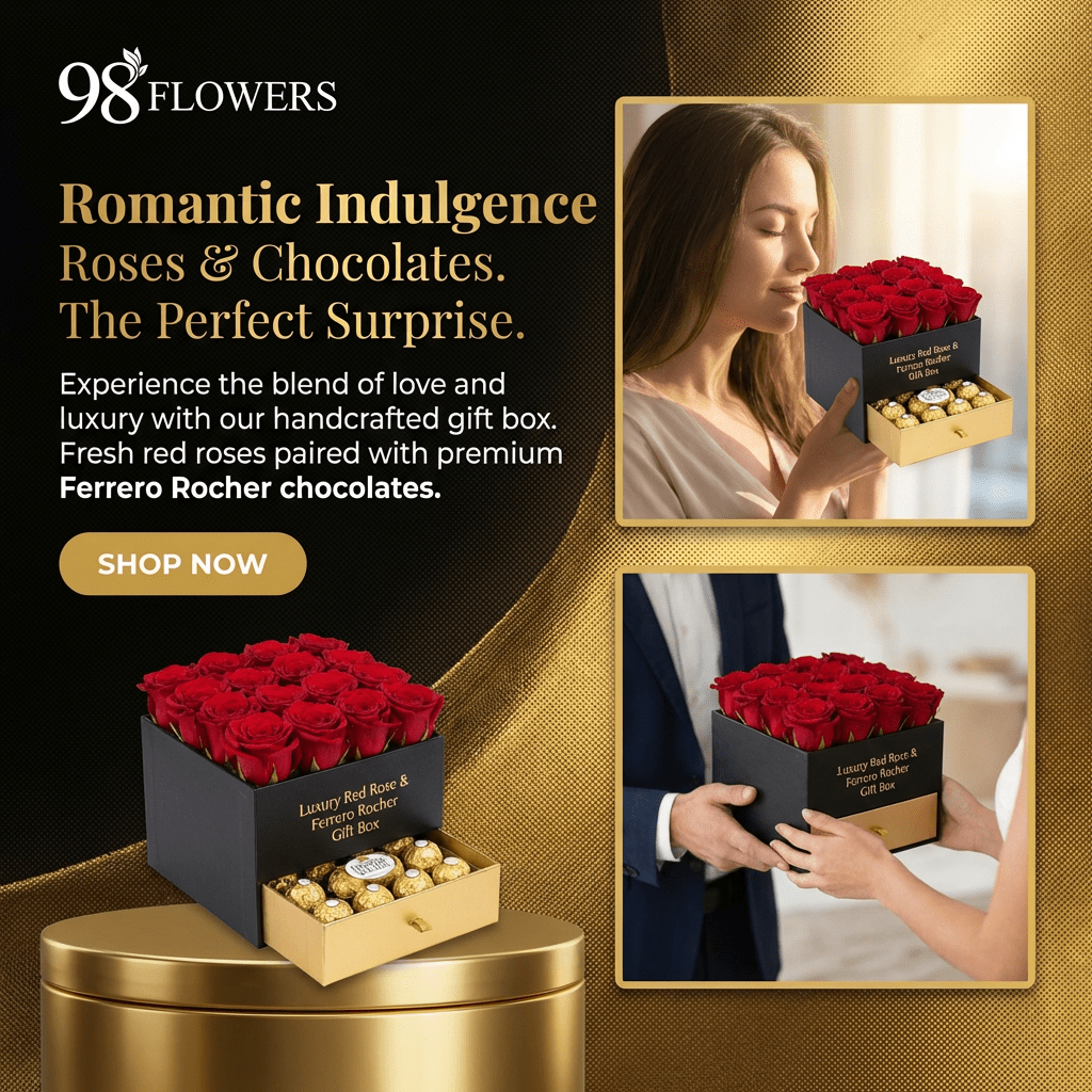 Red Roses & Ferrero Rocher Drawer Box - 98 FLOWERS