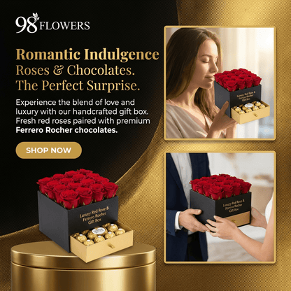 Red Roses & Ferrero Rocher Drawer Box - 98 FLOWERS