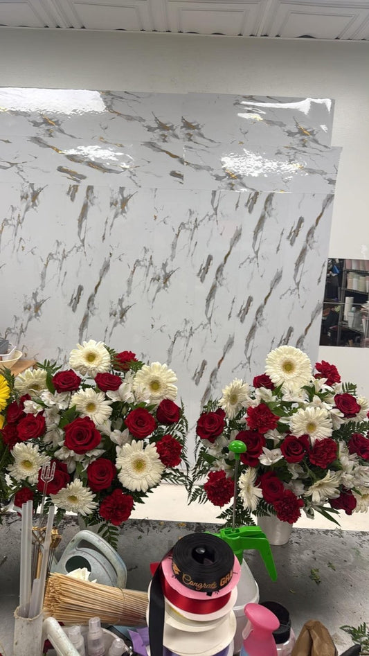 Red & White Rose Gerbera Memorial Arrangement Pair - 98 FLOWERS