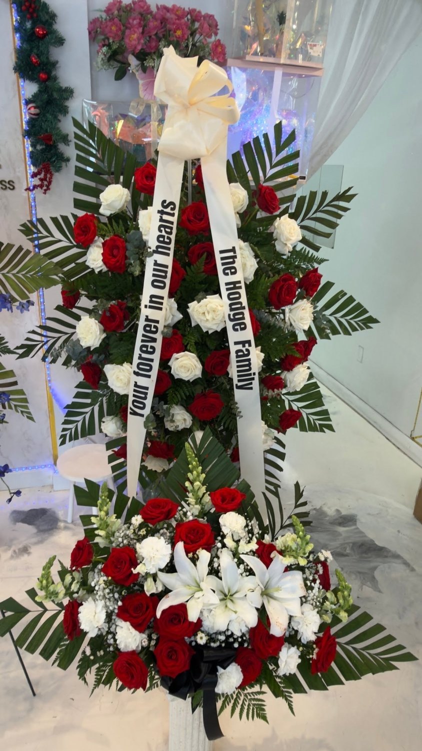 Red & White Two Tier Sympathy Standing Spray - 98 FLOWERS