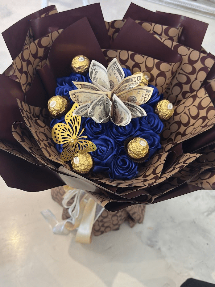 Royal Blue Cash & Chocolate Rose Bouquet – $30 Included - 98 FLOWERS