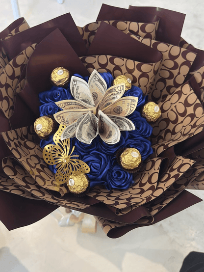 Royal Blue Cash & Chocolate Rose Bouquet – $30 Included - 98 FLOWERS