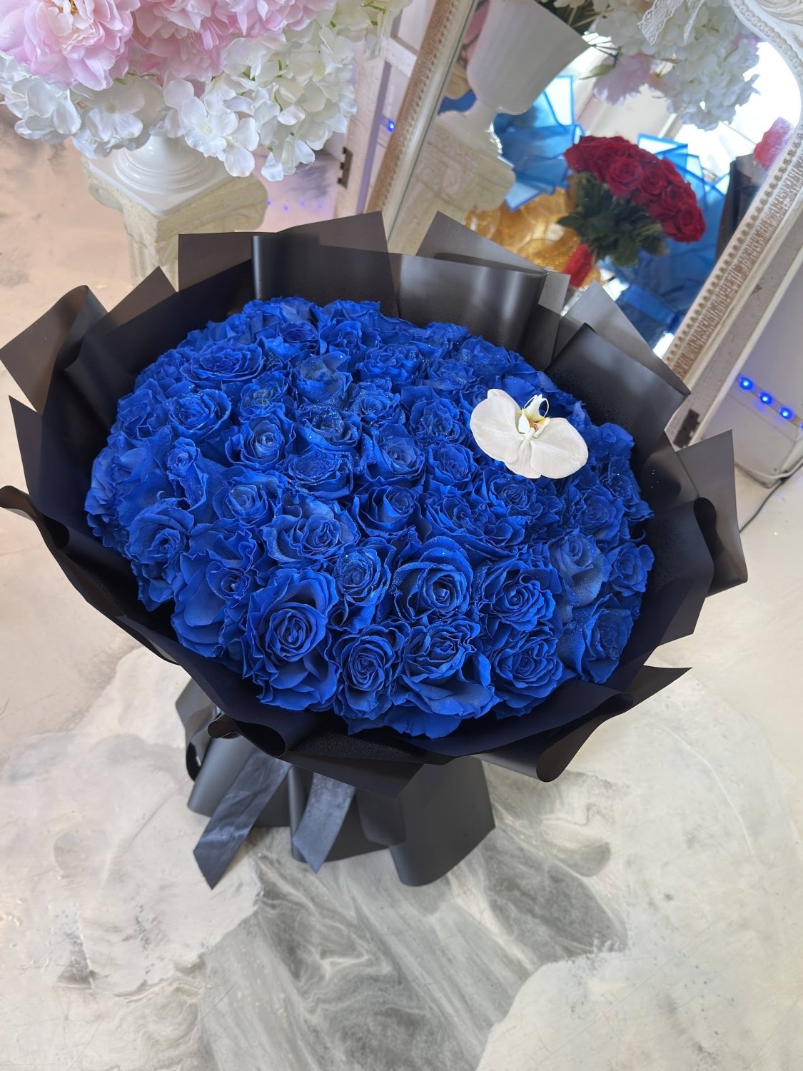 Royal Blue Rose & White Orchid Bouquet - 98 FLOWERS